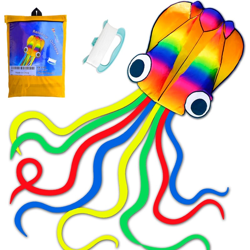 Honbo 14ft R2F Rainbow Soft Octopus Kite for Kids and Audlts-Large Kite with 11.5ft Long Tail and 200ft Flying line-Easy to Fly Toy for Outdoor Games Beach and Activities - Image 1